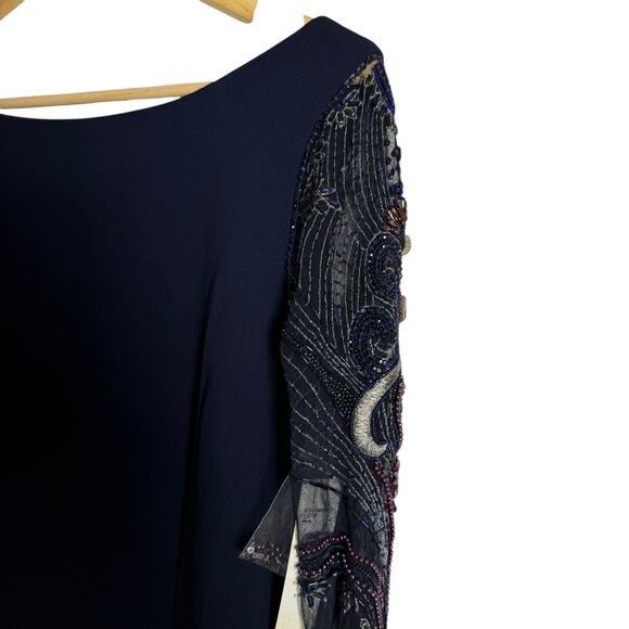 Badgley Mischka Navy Blue Beaded Long Sleeve Bateau Neck Train Gown Size 12 - Picture 11 of 16